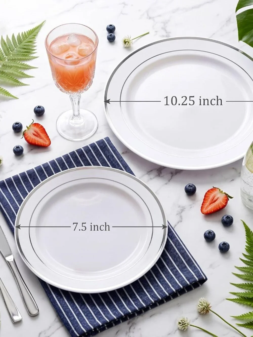 🍽️ 100 Heavy Duty White Plastic Dinner/Salad/Dessert Plates with Silver Rims 🍽️
